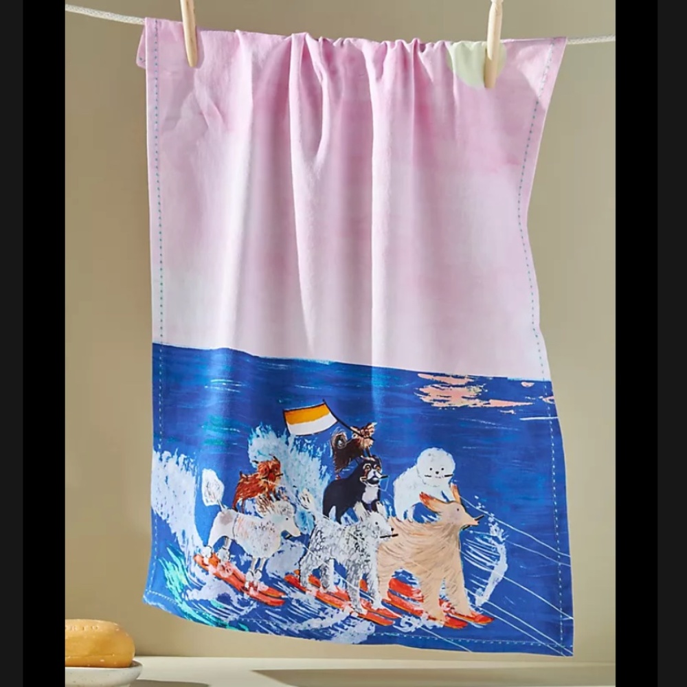 ⭐️ Waterskiing Dogs Puppy Animal Water Boat Fish Boho Chic Art Farm Dish Towel